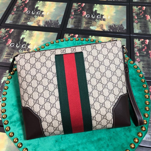 Gucci手包 523603 古馳GUCCI新款男包 GG雙G條紋男士手拿包  gqy2887